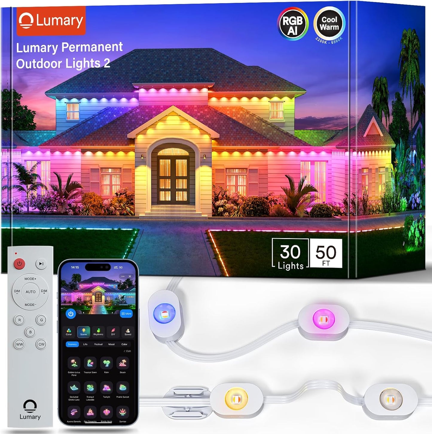 Permanent Outdoor Lights w/ Remote, 50' with 30 RGBAICW LEDs, 111 Scene Modes, Waterproof, Work w/ Alexa, Google