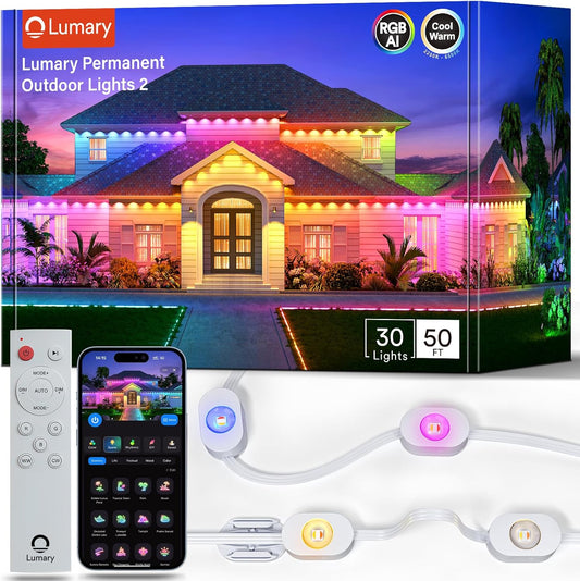 Permanent Outdoor Lights w/ Remote, 50' with 30 RGBAICW LEDs, 111 Scene Modes, Waterproof, Work w/ Alexa, Google
