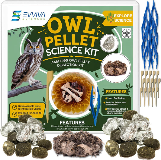 Owl Pellet Kit, Dissect 30 Mostly Small Real Owl Pellets w/Tools & PDF Bone Charts - Science Education Kit for 15+ -