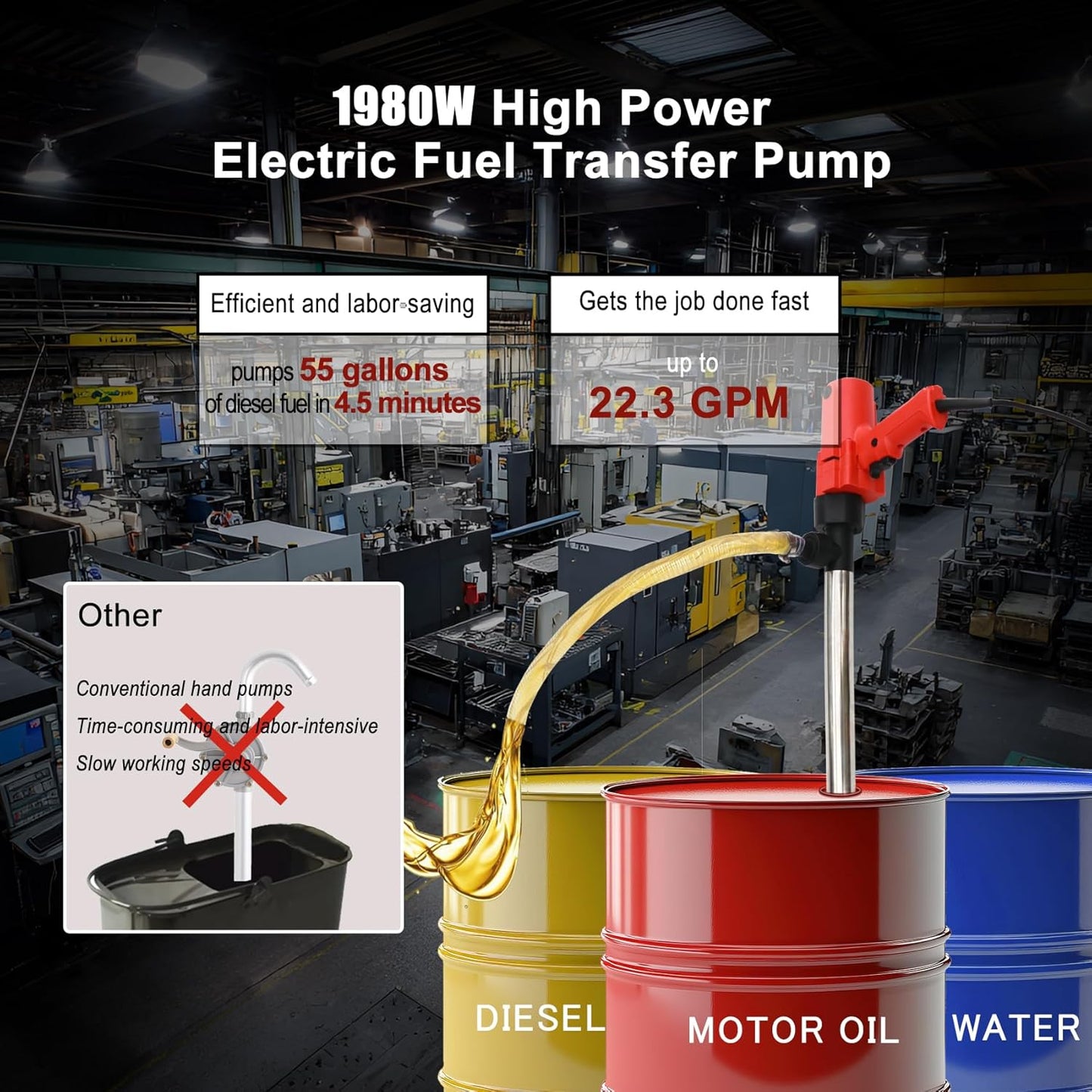 1980W Electric Fuel Transfer Barrel Pump, 110V 11000RPM, for 55Gallon, 36' Stainless Steel Tube and 6.6' Steel Wire Hose