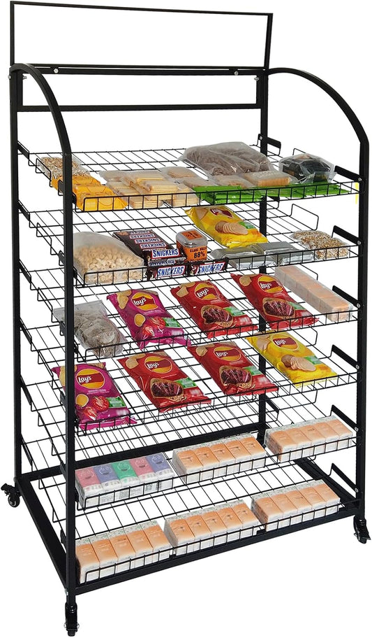 Bakery Display Rack: Equipped w/ Wheels and Header Holder, 39.5' Wide, 6 Shelves Black