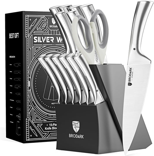 Kitchen Knives Set with Block & Built-in Sharpener, 15 Pcs Ultra Sharp Chef knife, High Carbon Stainless Steel, Etched Handle