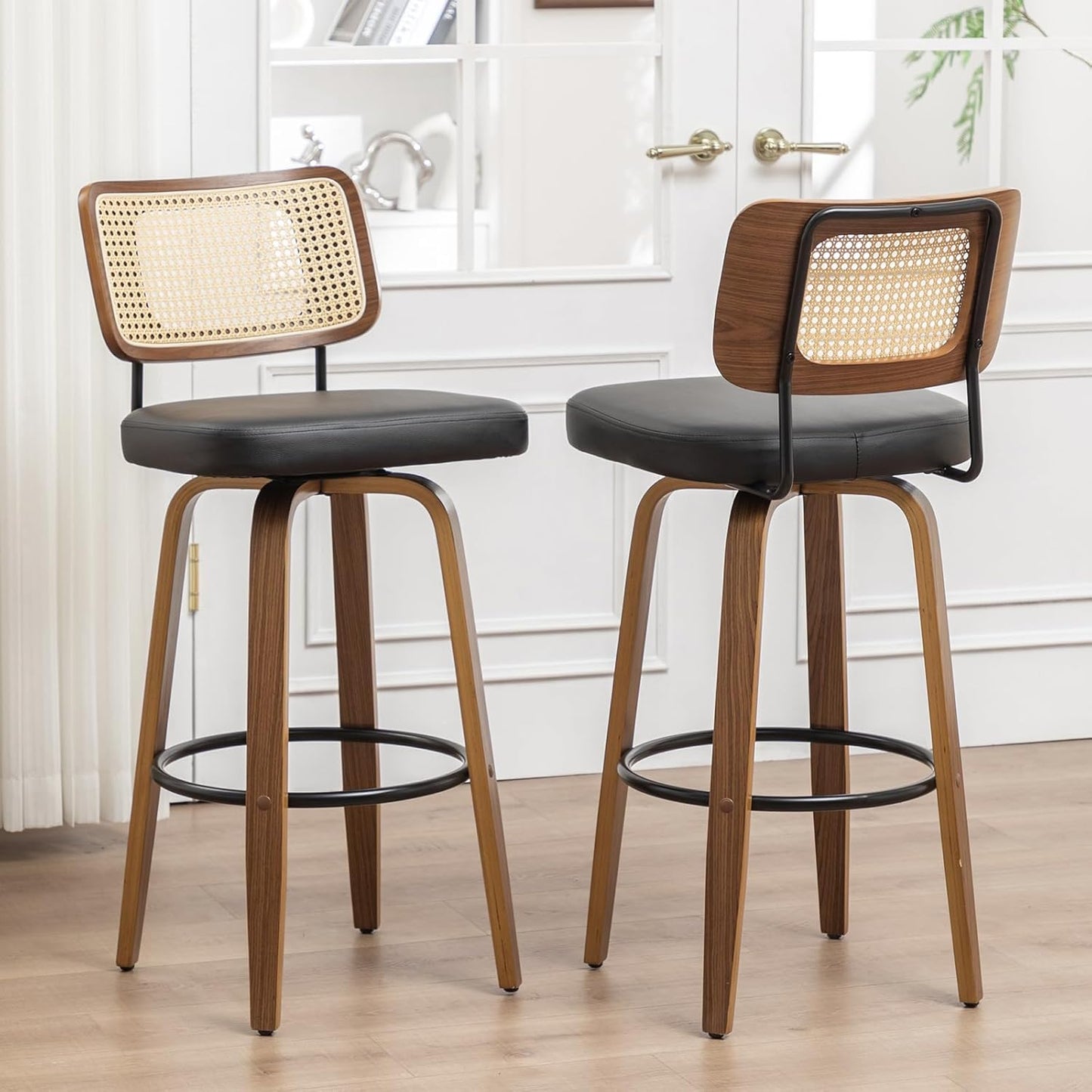 26' Swivel Counter Stools with Curved Rattan Back, Walnut Craftsmanship, Upholstered Seat