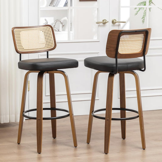 26' Swivel Counter Stools with Curved Rattan Back, Walnut Craftsmanship, Upholstered Seat