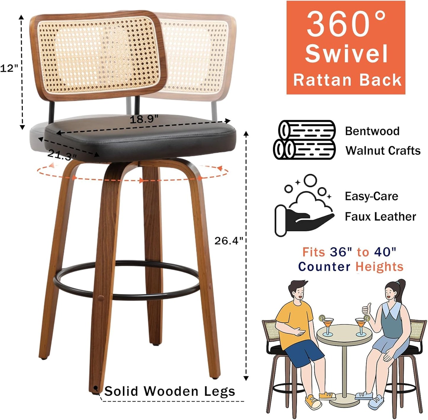 26' Swivel Counter Stools with Curved Rattan Back, Walnut Craftsmanship, Upholstered Seat