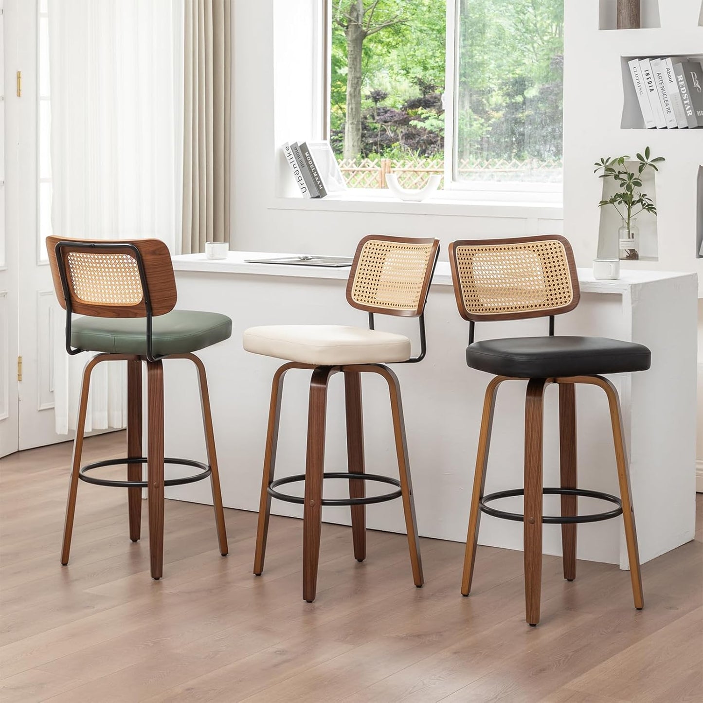 26' Swivel Counter Stools with Curved Rattan Back, Walnut Craftsmanship, Upholstered Seat