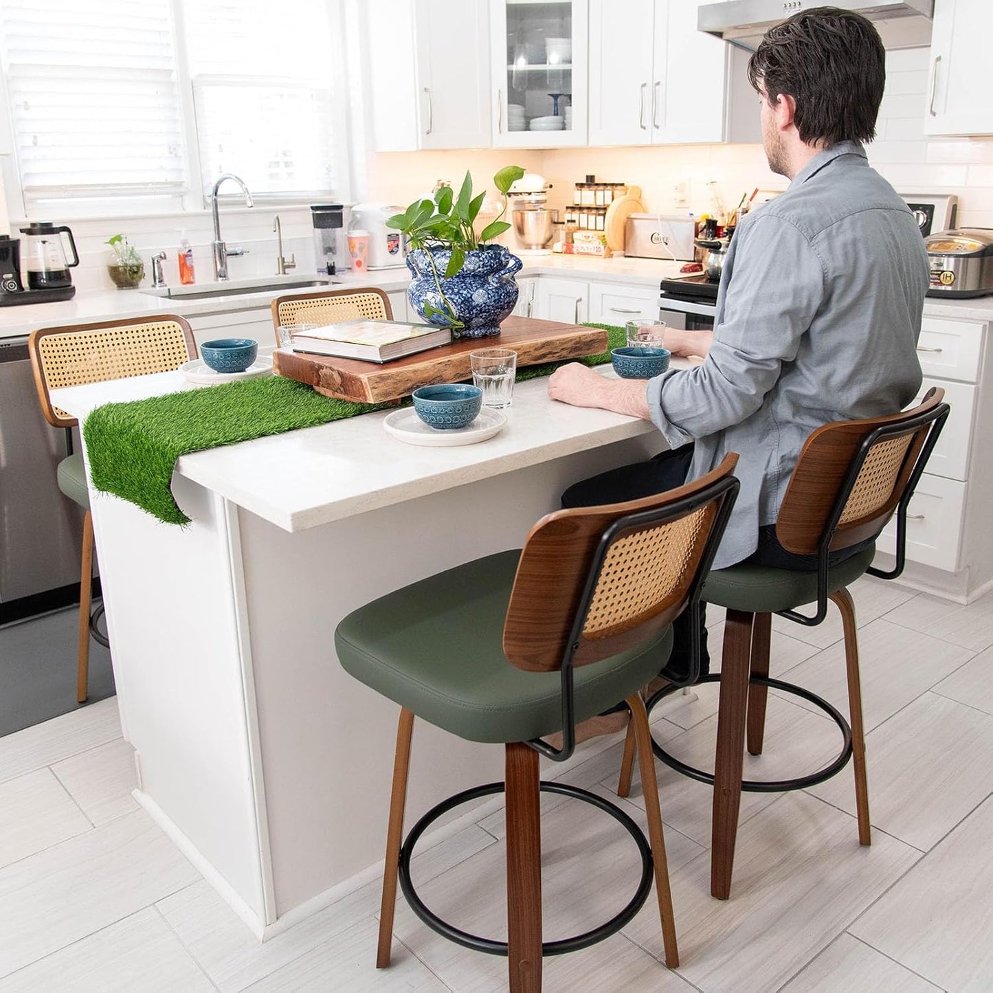 26' Swivel Counter Stools with Curved Rattan Back, Walnut Craftsmanship, Upholstered Seat