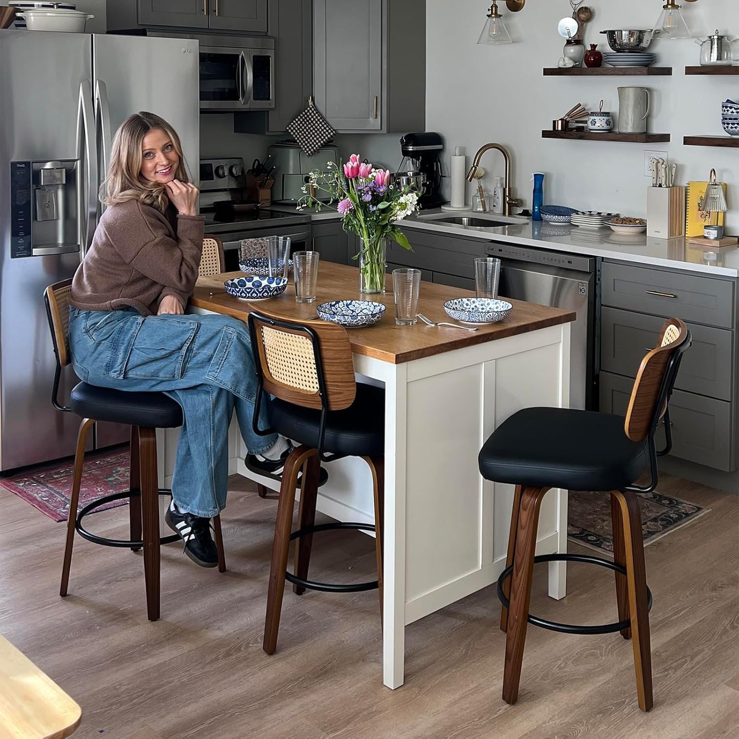 26' Swivel Counter Stools with Curved Rattan Back, Walnut Craftsmanship, Upholstered Seat