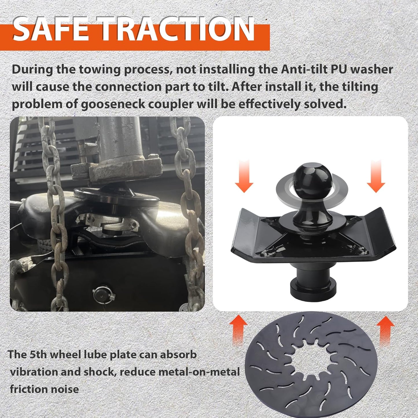 Gooseneck Ball to 5th Wheel Adapter, 1' Raised, Heavy Duty Reinforcing Ribs Structure, Anti-tilt PU Washer