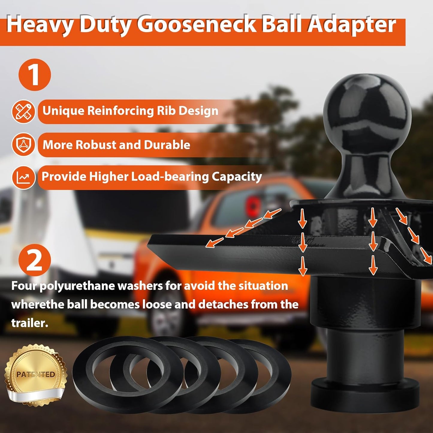 Gooseneck Ball to 5th Wheel Adapter, 1' Raised, Heavy Duty Reinforcing Ribs Structure, Anti-tilt PU Washer