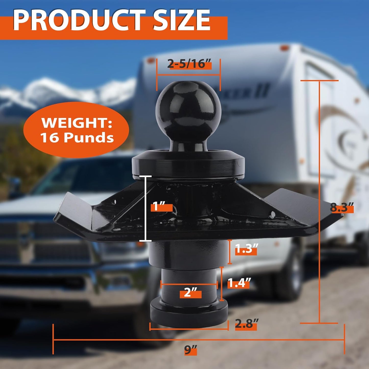 Gooseneck Ball to 5th Wheel Adapter, 1' Raised, Heavy Duty Reinforcing Ribs Structure, Anti-tilt PU Washer