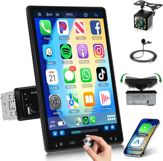 10.4' Single Din Car Stereo w/Wireless Carplay/Android  Detachable Touch Backup Camera, FM Radio