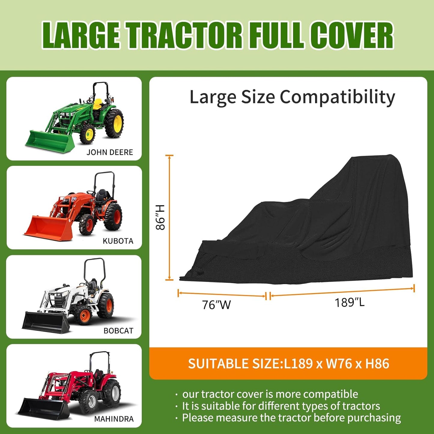 Tractor Cover 35 Lb Weighted, 600D Oxford Waterproof & Windproof,189' x 76' x 86', Built-in Sand Bags & Buckle Straps