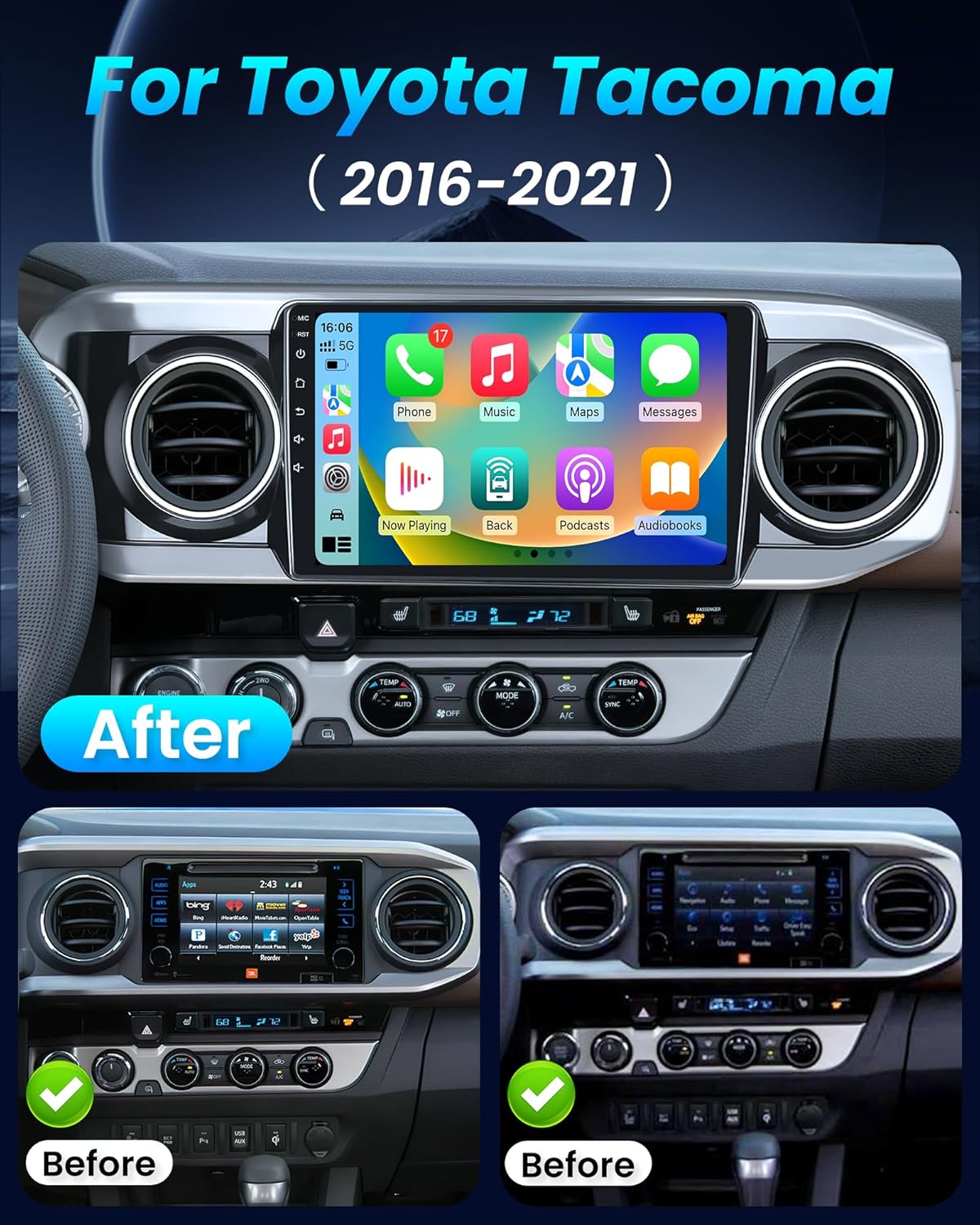Car Radio Stereo for Toyota Tacoma 2016-2020, 10' Touch Screen Head Unit w/ Wireless Carplay/Android