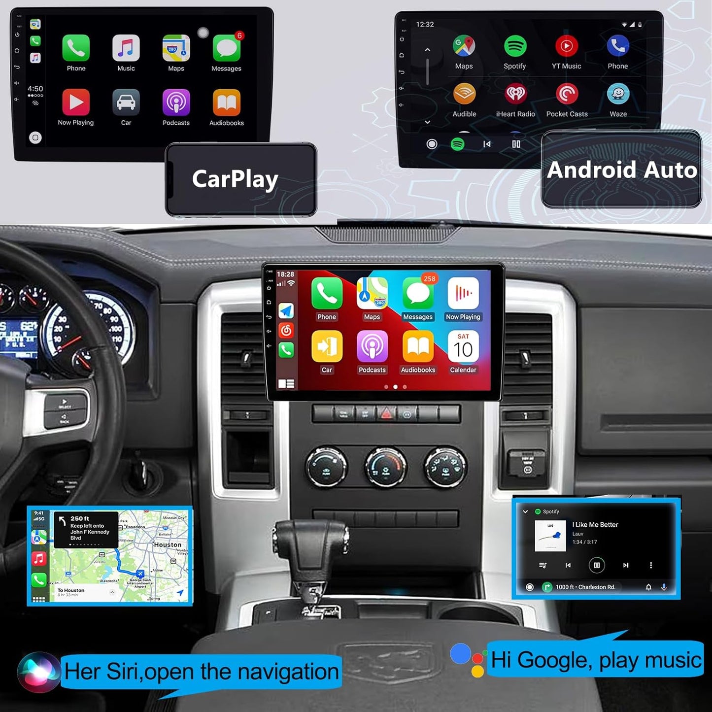 Car Radio Stereo for Dodge Ram 1500 2500 3500 2009-2012: Upgrade 10.2 Inch Touchscreen, Wireless CarPlay/Android