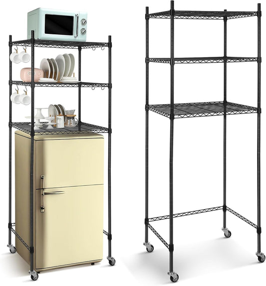 3 Tier Mini Fridge Shelf Microwave Stand Adjustable Storage Rack w/ Lockable Wheels, 8 Hook Multilayer Metal Shelving