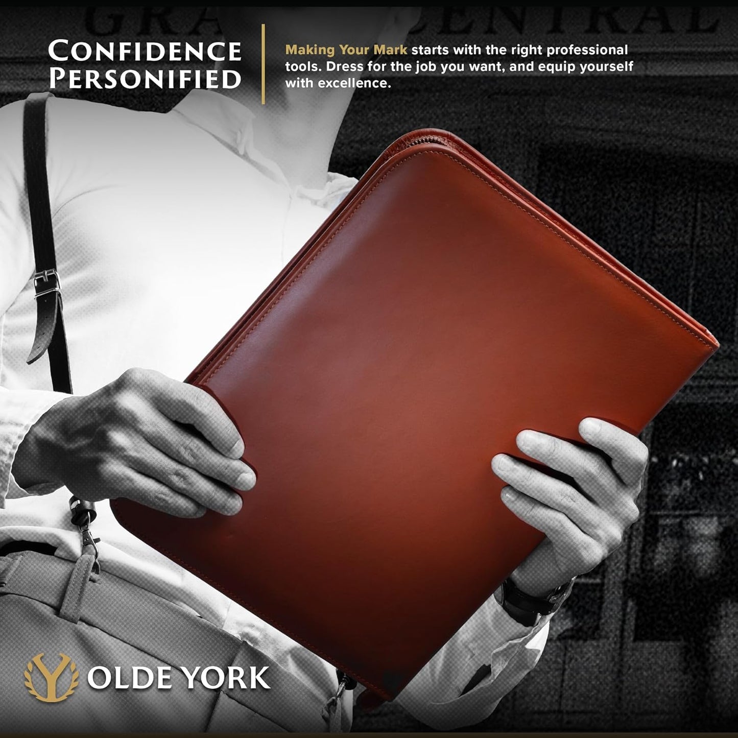 Leather Portfolio for Men, 100% Authentic Top-Grain Leather [Light Brown Leather]