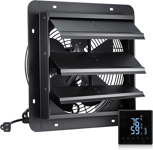 12' Exhaust Fan with Temperature Humidity Controller, 1200CFM Remote Control, 10-Speed, Wall Mount Attic Fan