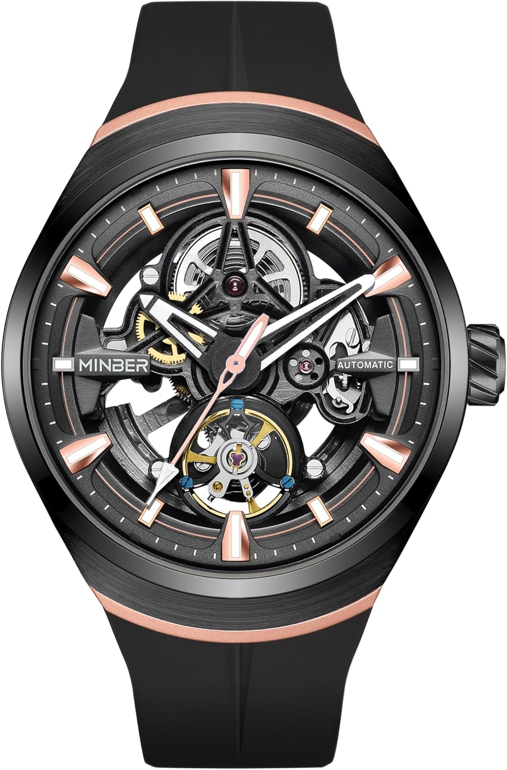 44mm Automatic Mechanical Watches for Men, Skeleton 30M Waterproof Design, Transparent Front