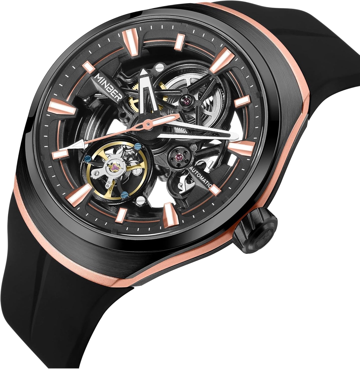 44mm Automatic Mechanical Watches for Men, Skeleton 30M Waterproof Design, Transparent Front