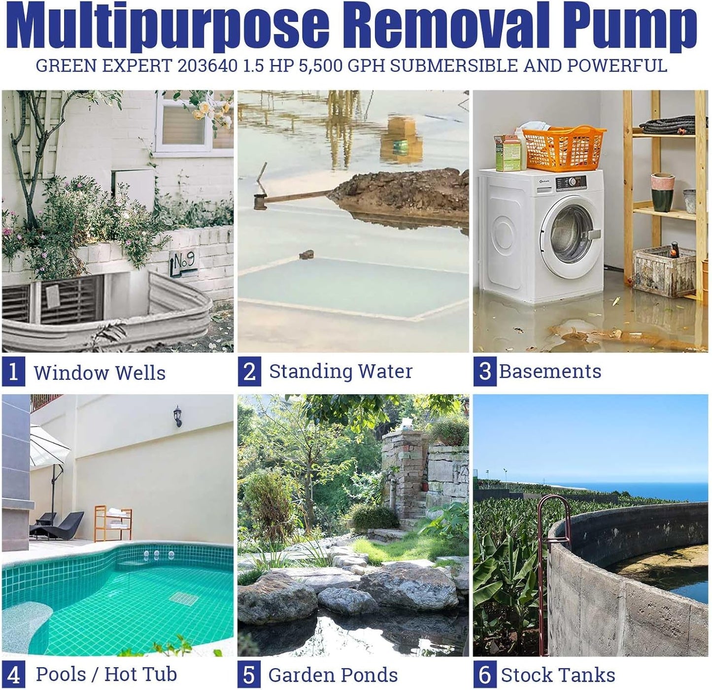 1.5HP Submersible Sump Pump, 5500GPH High Flow, 25FT Power Cord, Adjustable Float, Intake Holes Changeable
