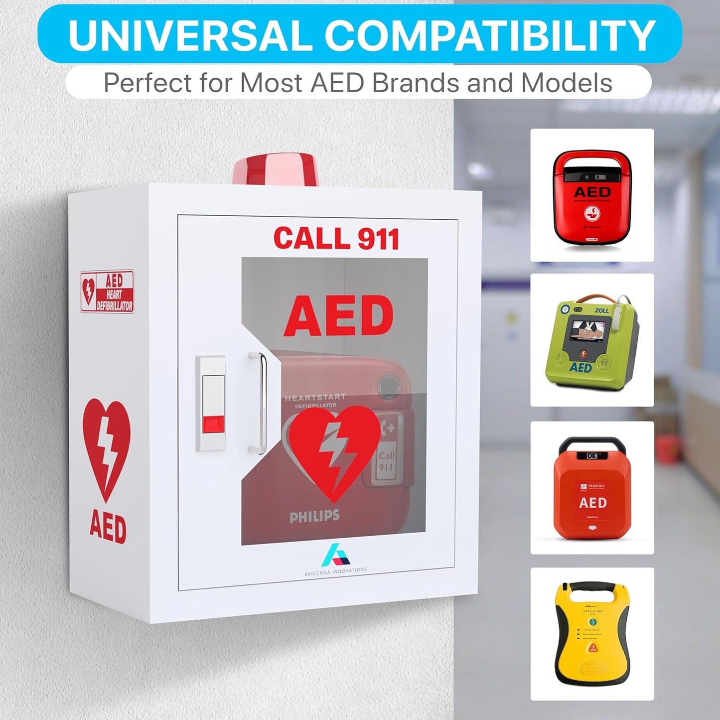 All-in-One AED Cabinet Kit – Wall-Mounted Steel AED Storage Box with Snaplock, Alarm/light NOT Included