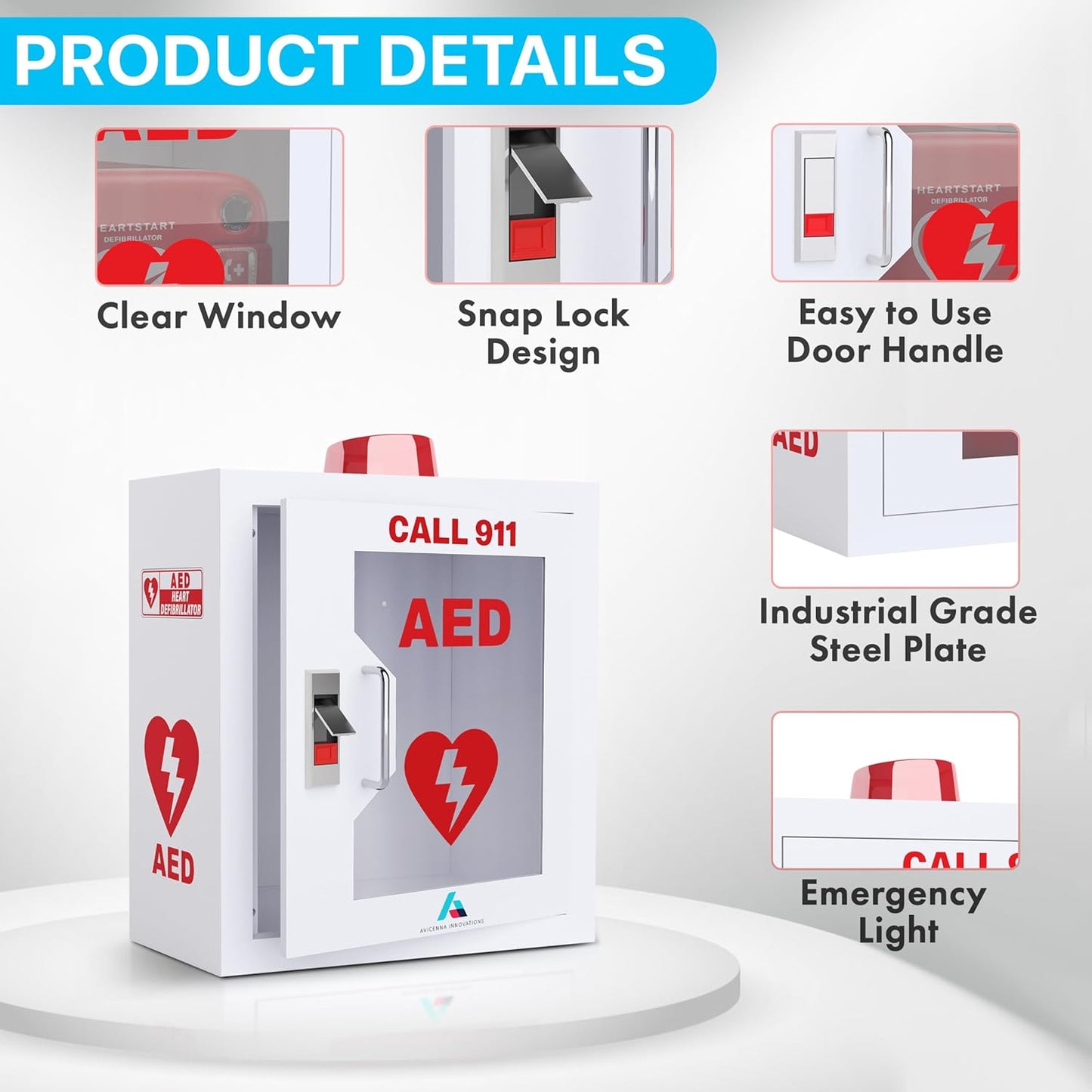 All-in-One AED Cabinet Kit – Wall-Mounted Steel AED Storage Box with Snaplock, Alarm/light NOT Included
