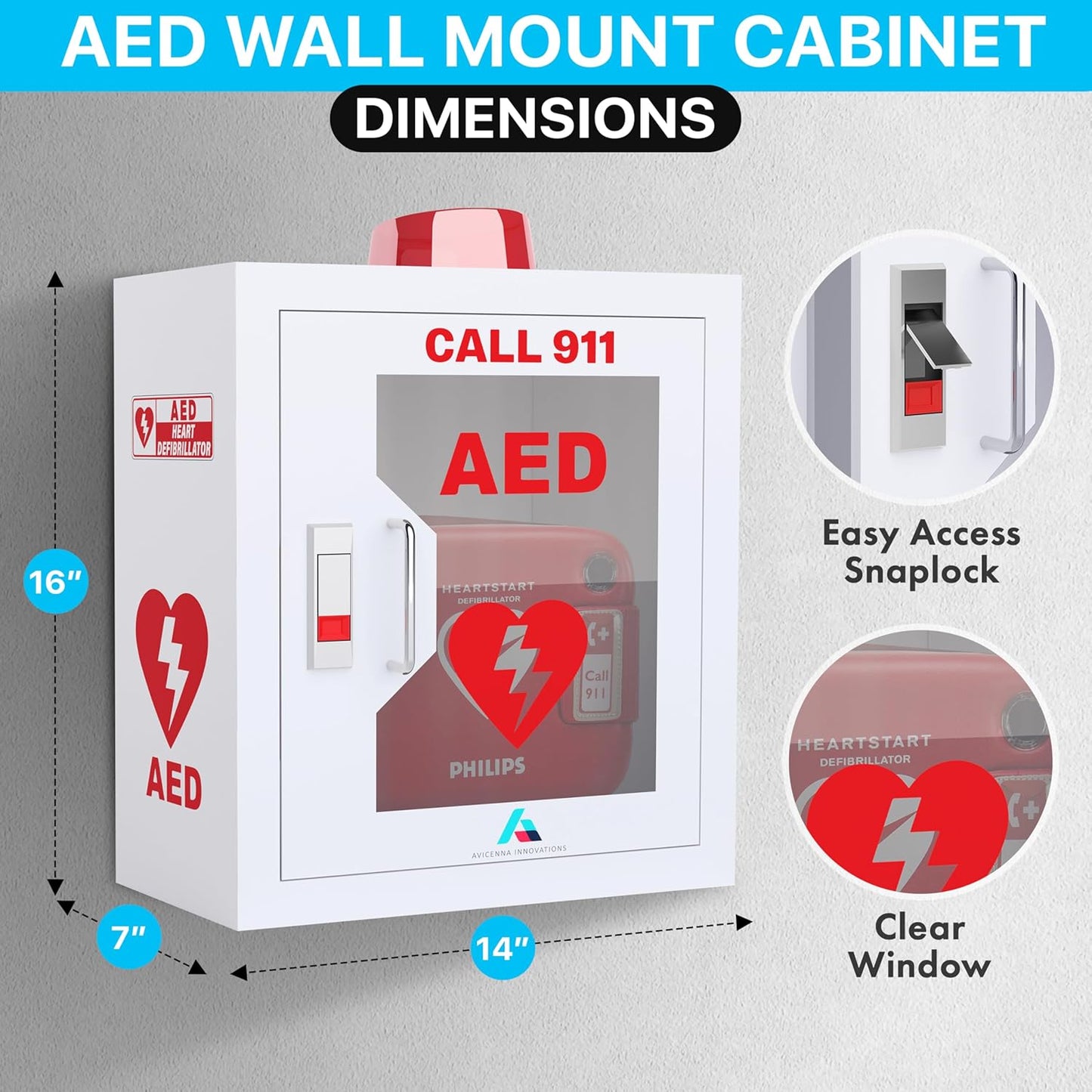 All-in-One AED Cabinet Kit – Wall-Mounted Steel AED Storage Box with Snaplock, Alarm/light NOT Included