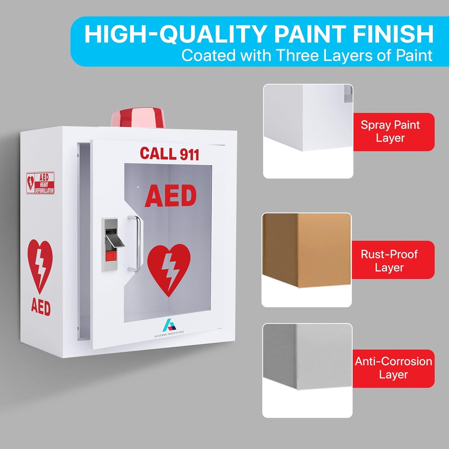 All-in-One AED Cabinet Kit – Wall-Mounted Steel AED Storage Box with Snaplock, Alarm/light NOT Included