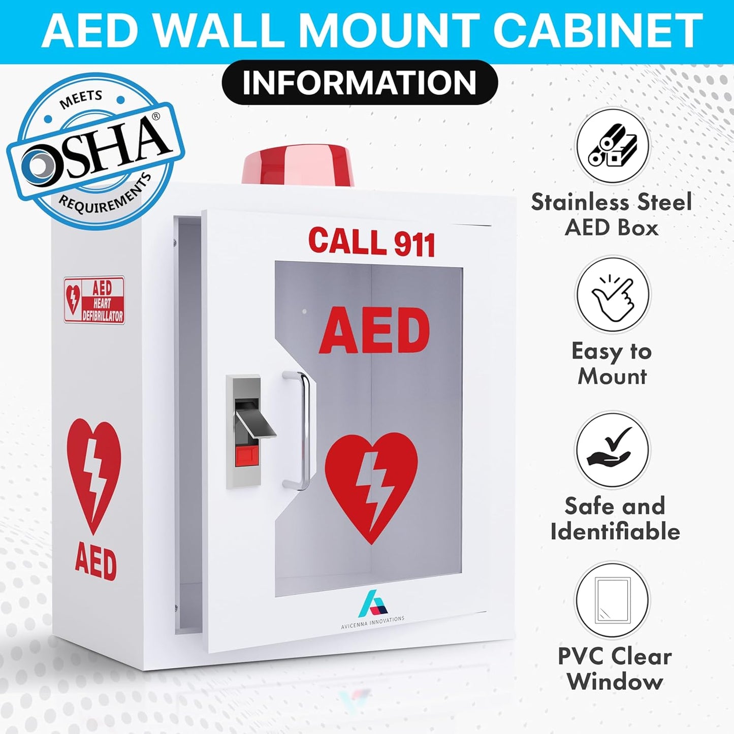 All-in-One AED Cabinet Kit – Wall-Mounted Steel AED Storage Box with Snaplock, Alarm/light NOT Included