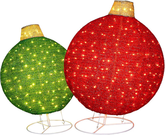 2 Pack 30' & 24' Pop-Up Iron Christmas Ornament Set, 350 Warm White LEDs with UL Transformer, 8 light functions