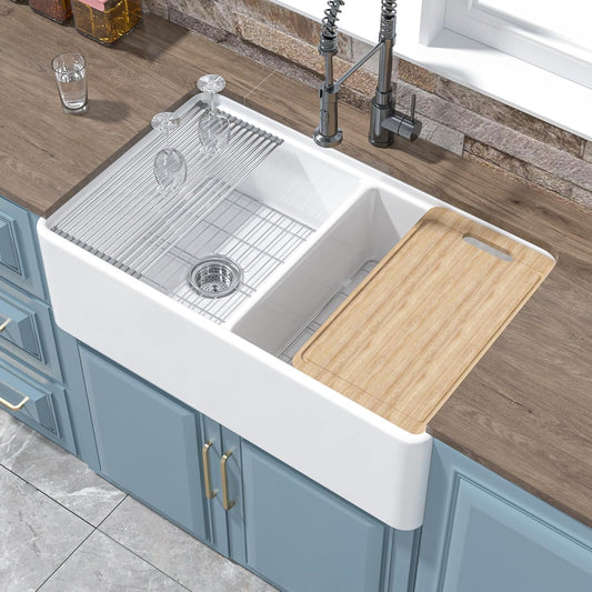 Double Bowl Farmhouse Sink Workstation White 33' x 20', Firecaly Apron Front Undermount Farm Sink Reversible