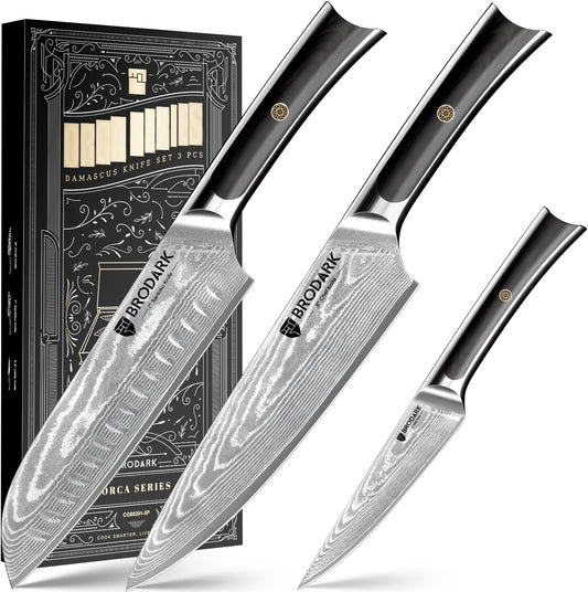Damascus Chef Knife 3 PCS, VG10 Steel Full Tang Sharp Professional Chef Knife Set, Ergonomic Wooden Handle