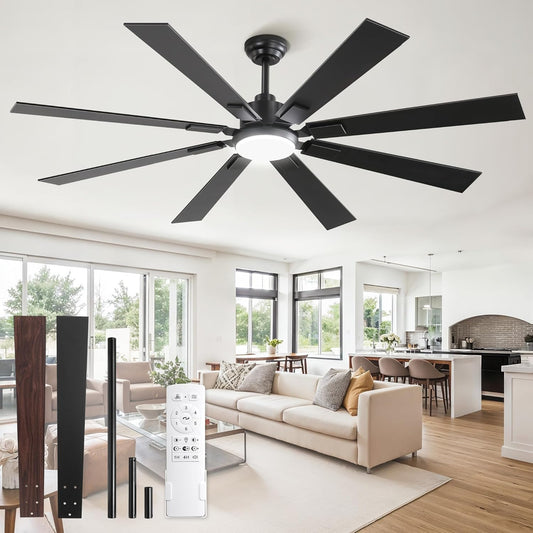 65 Inch Ceiling Fans with Lights and Remote, Black Large Ceiling Fan with 3000-6000K Dimmable, 6 Speeds