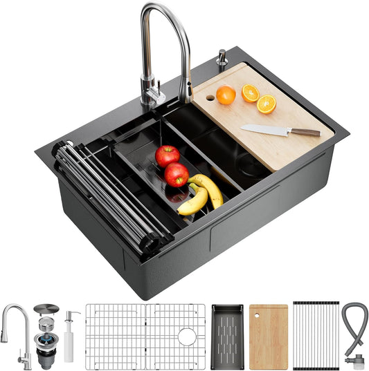 33X22 Drop In Kitchen Sink, Nano 304 Stainless Steel Workstation Sink, Pop-Up Drain, Fast Drain & Anti-Clog