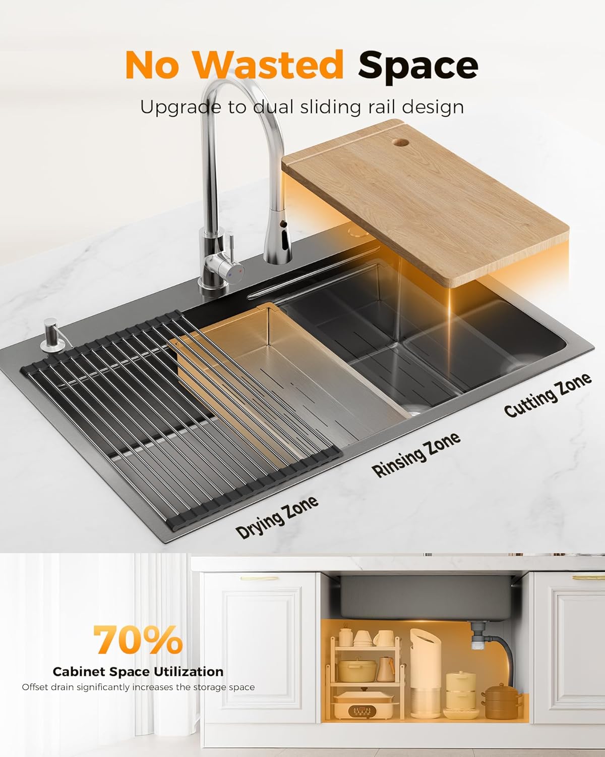 33X22 Drop In Kitchen Sink, Nano 304 Stainless Steel Workstation Sink, Pop-Up Drain, Fast Drain & Anti-Clog