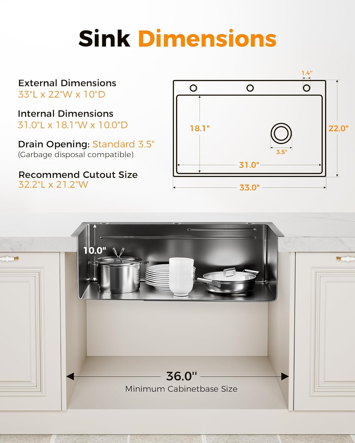 33X22 Drop In Kitchen Sink, Nano 304 Stainless Steel Workstation Sink, Pop-Up Drain, Fast Drain & Anti-Clog