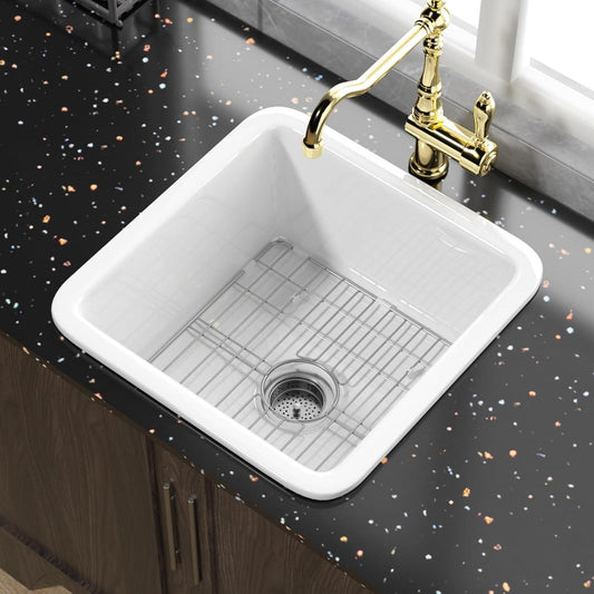 Small Fireclay Bar Sink Drop In 17.5 Inch, Dual Mount Heavy Duty White, White, NO Faucet Hole