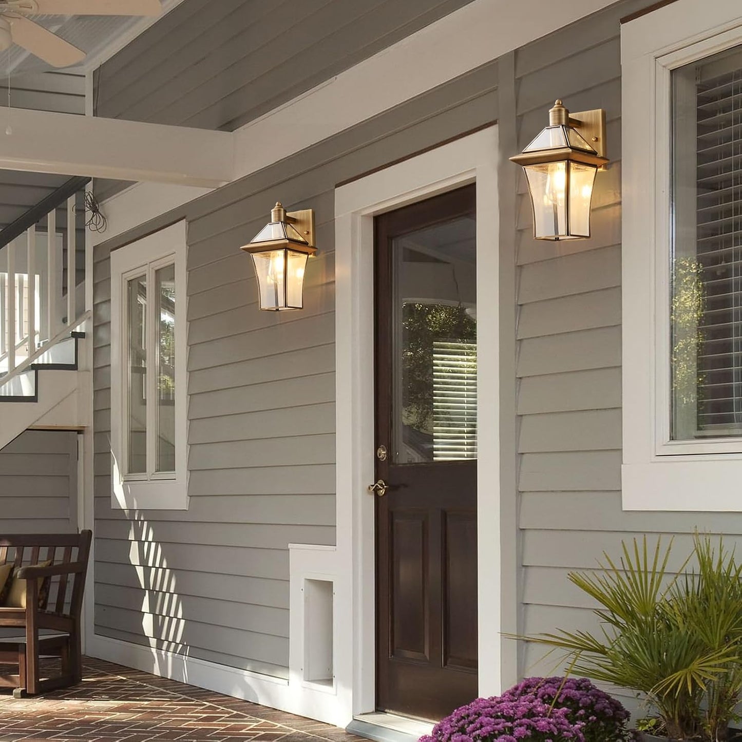 Waterproof Brass Outdoor Wall Lanterns (2-Pack), E26 Socket & Glass Shade Exterior, Rustproof Modern Sconces