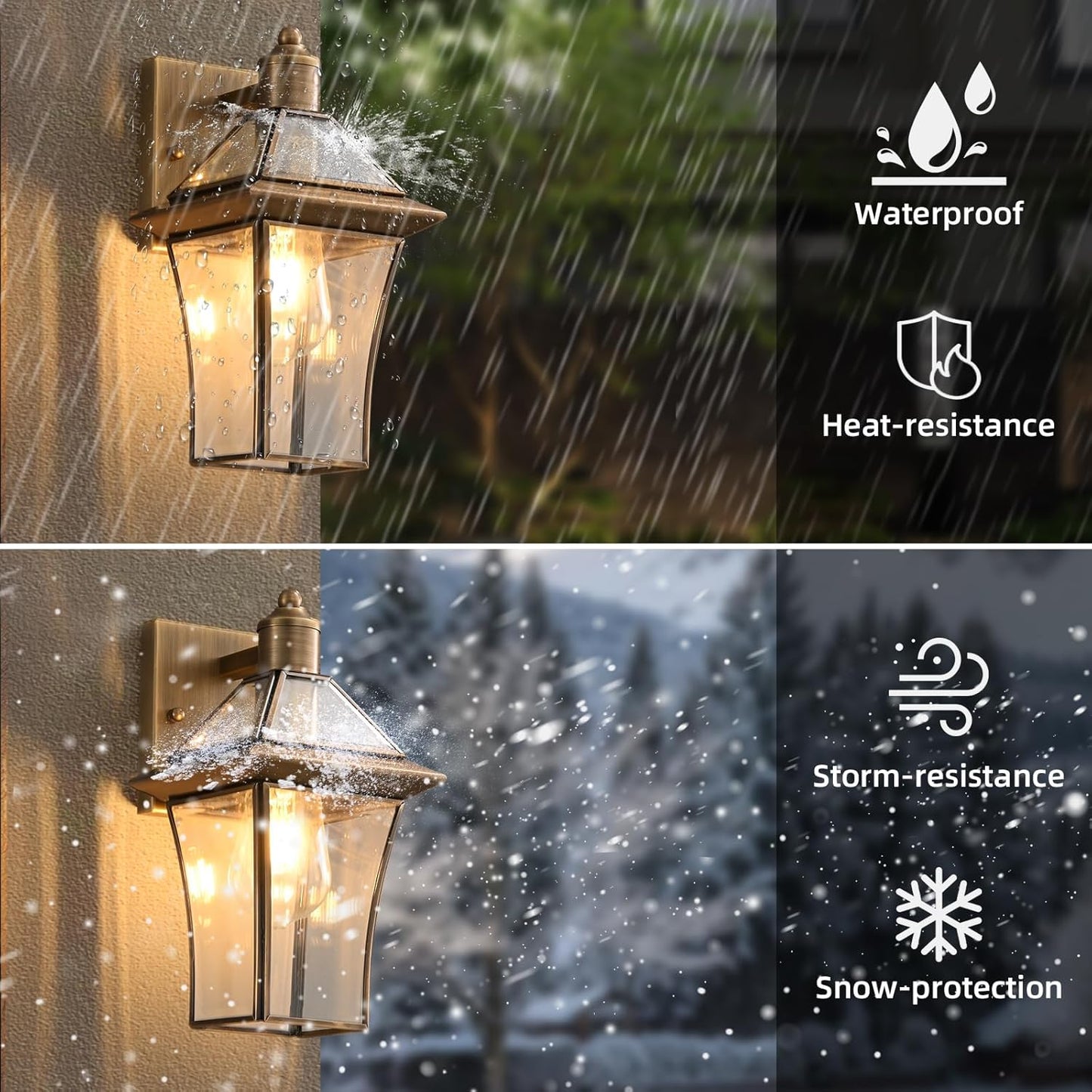 Waterproof Brass Outdoor Wall Lanterns (2-Pack), E26 Socket & Glass Shade Exterior, Rustproof Modern Sconces