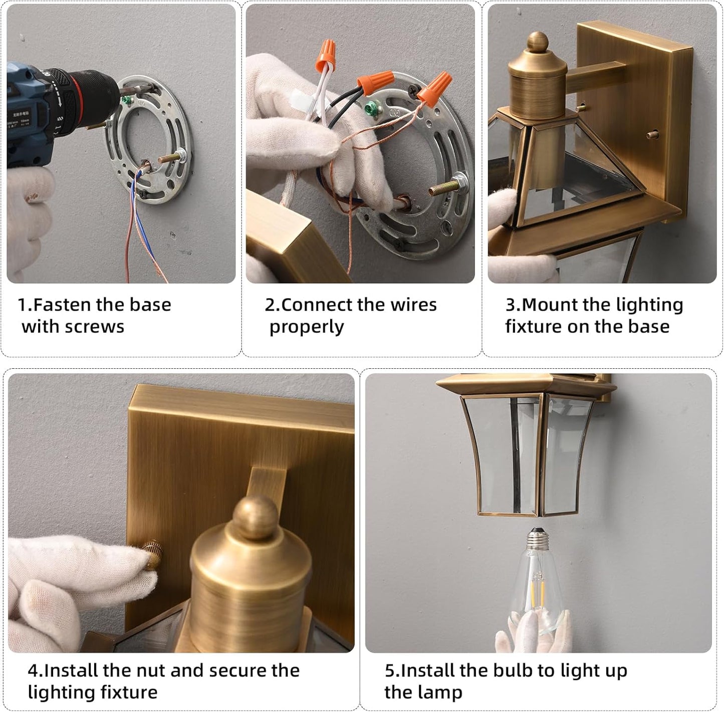 Waterproof Brass Outdoor Wall Lanterns (2-Pack), E26 Socket & Glass Shade Exterior, Rustproof Modern Sconces