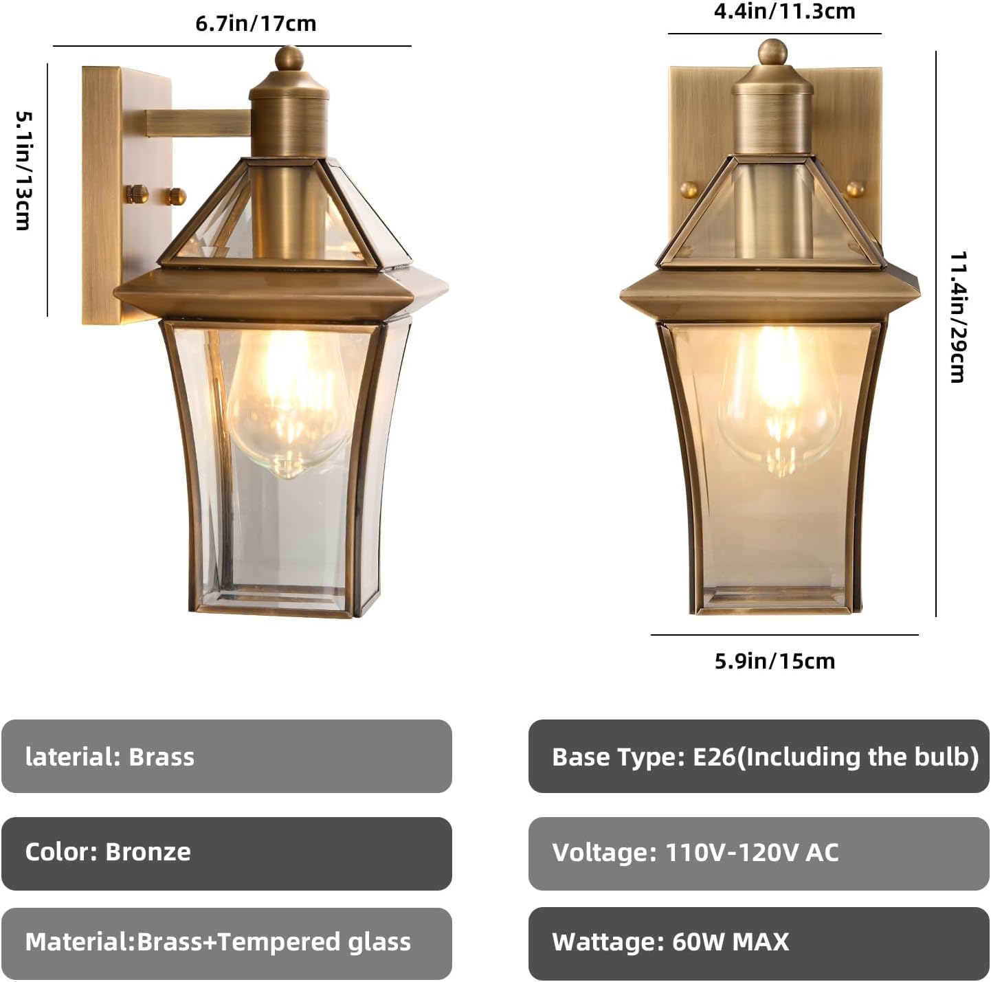 Waterproof Brass Outdoor Wall Lanterns (2-Pack), E26 Socket & Glass Shade Exterior, Rustproof Modern Sconces