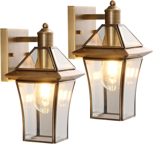 Waterproof Brass Outdoor Wall Lanterns (2-Pack), E26 Socket & Glass Shade Exterior, Rustproof Modern Sconces