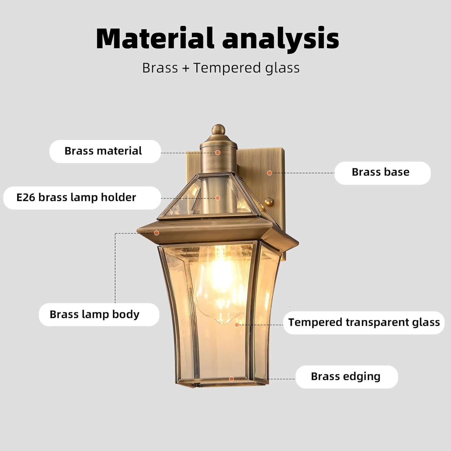 Waterproof Brass Outdoor Wall Lanterns (2-Pack), E26 Socket & Glass Shade Exterior, Rustproof Modern Sconces