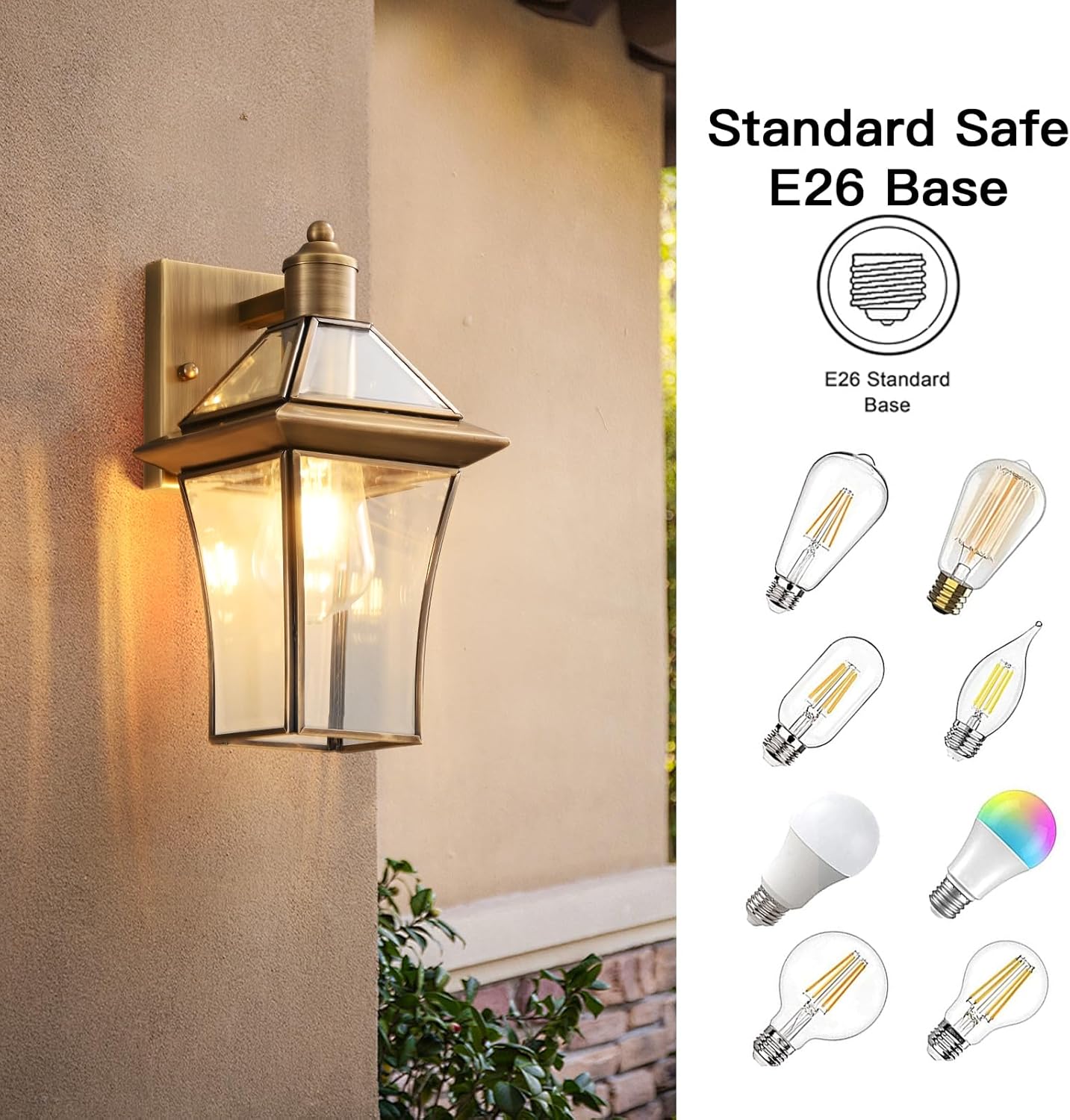 Waterproof Brass Outdoor Wall Lanterns (2-Pack), E26 Socket & Glass Shade Exterior, Rustproof Modern Sconces