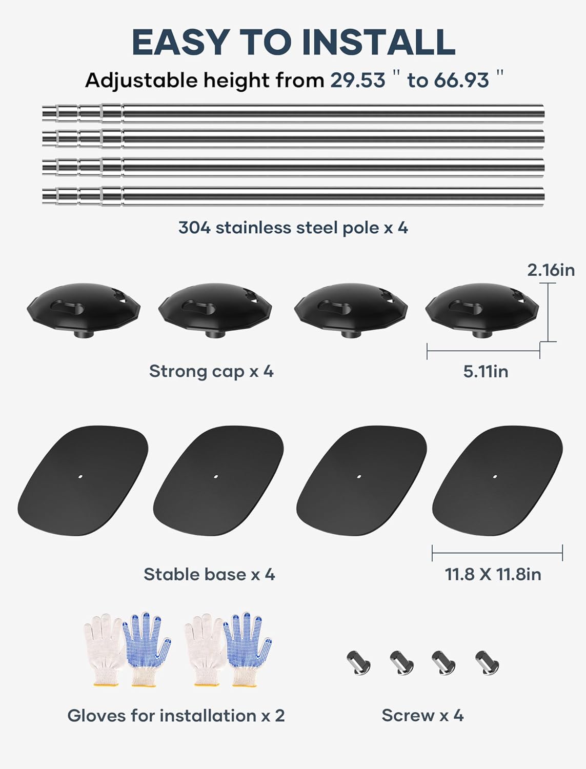 Boat Cover Support Poles 4 PK Support Systems, Height Adjustable 304 Stainless Steel,  Stable Iron Alloy Base