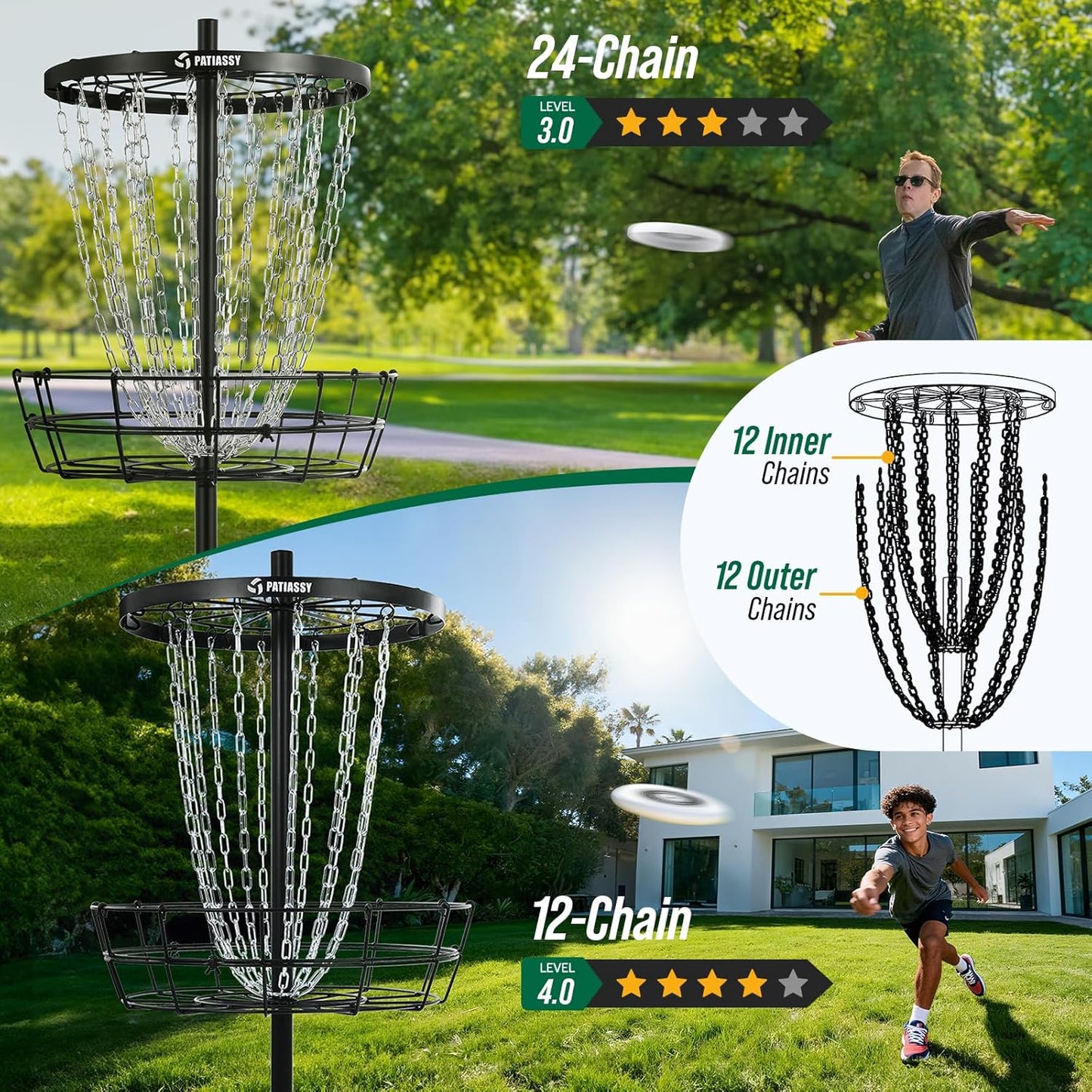 Disc Golf Basket with 24/12 Heavy Duty Chains, Portable Disc Golf Target with Adjustable Height, with Ground Stake