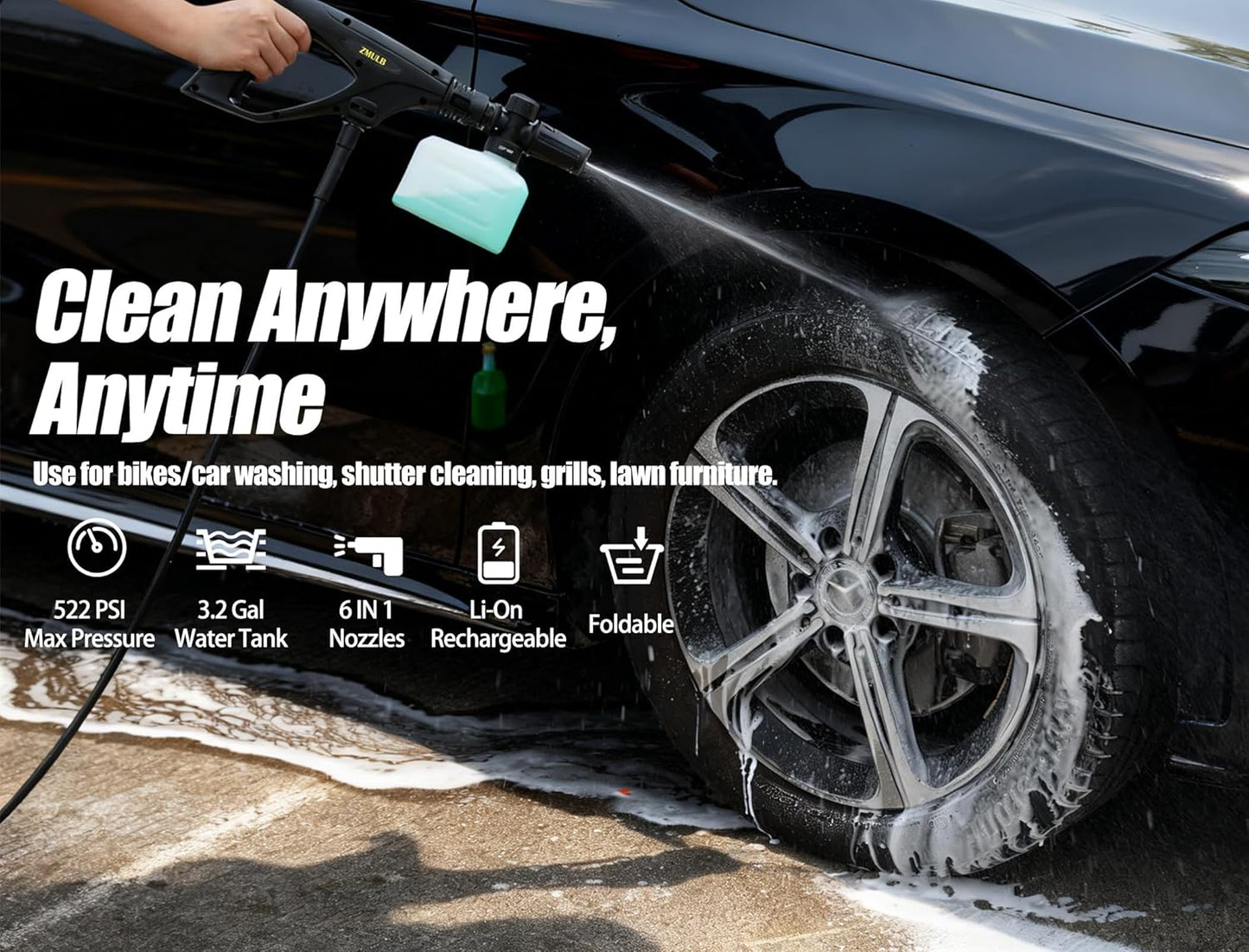 Cordless Power Washer with 3.2Gal Water Tank, 522 Max PSI, 23FT Hose, 20000mAh Lithium Battery, 6 in 1 Nozzle