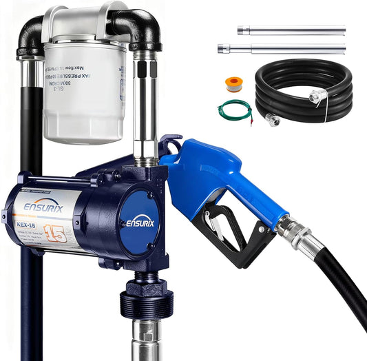 12V Fuel Transfer Pump 15 GPM, Diesel, Gasoline, Kerosene with Auto Shut Off Nozzle, Hose & Filter