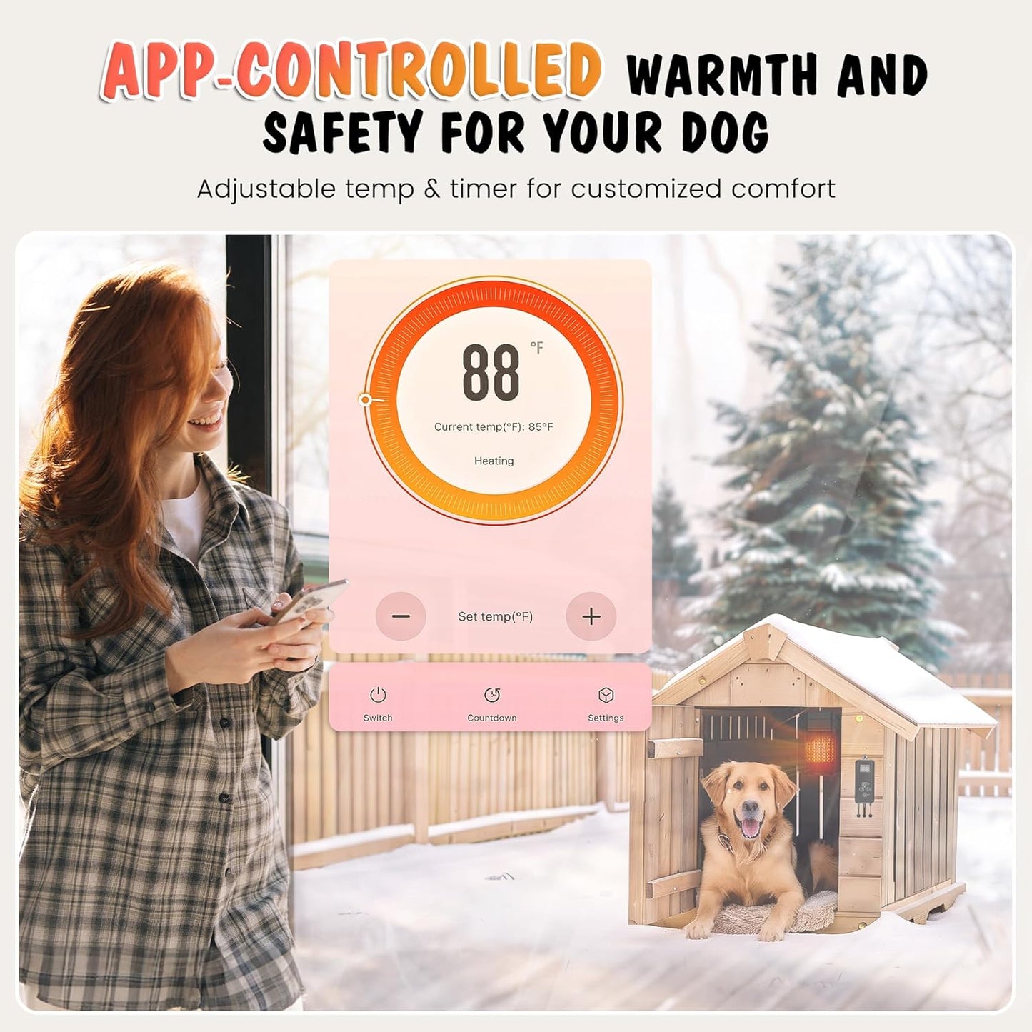 Dog House Heater Outdoor w/ Thermostat, 500W, WIFI APP, 2.03' External Temperature Probe, Adjustable Temp & Timer